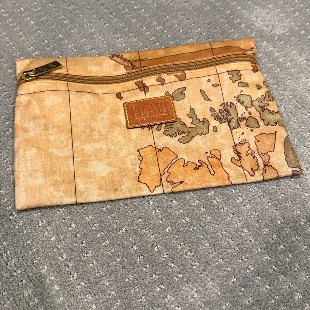 Alviero Martini Tan and Brown Map Print Pouch